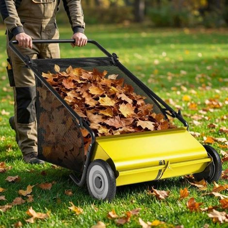 Ramasseur De Feuilles à Pousser 21 Pouces – Système De 4 Brosses Amélioré, Cadre en Acier Robuste, 3,5 Pi³ Grande Capacité – (Jaune + Noir) (1/5)