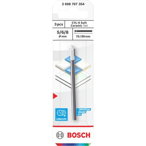 Bosch Ceramic Bohrer-Set CYL-9 Soft, 5 x 70 / 6 x 80 / 8 x 80 mm, 3-tlg.