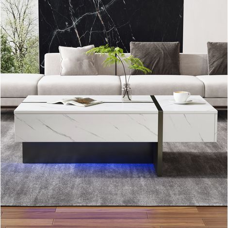 Table basse 105x60x35 cm blanc, LED, 3 tiroirs, effet marbre, panneau de bois MEUBLIV (1/5)