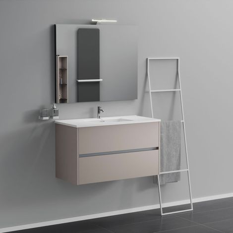 Inda - Badezimmerschrank 2 Schubladen L.100 mit Waschbecken, Spiegel und Lampe – Matt Elfenbein
