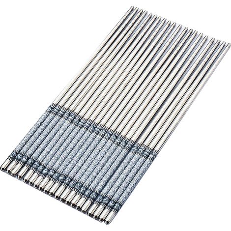 paire de baguettes chinoises en acier inoxydable, motif porcelaine bleu et blanc, antidérapantes, réutilisables et légères. (1/5)