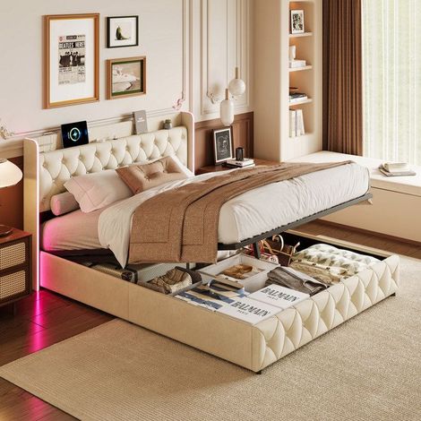 Estructura de cama 160x200 cm en terciopelo beige con LED RGB, almacenamiento y cabecera con carga USB