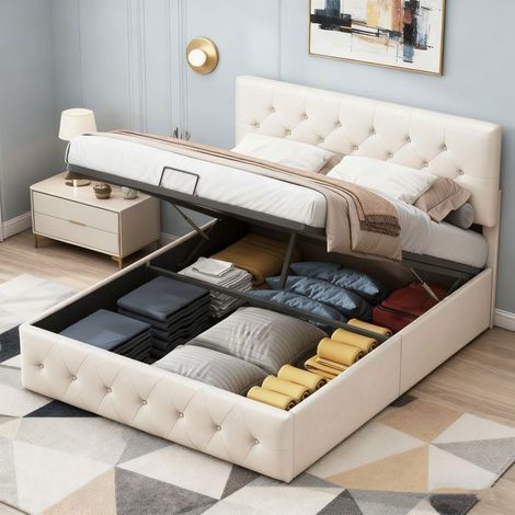 Letto contenitore 140x200 cm con spazio di stoccaggio - letto matrimoniale con rete a doghe - tessuto in velluto - bianco sporco