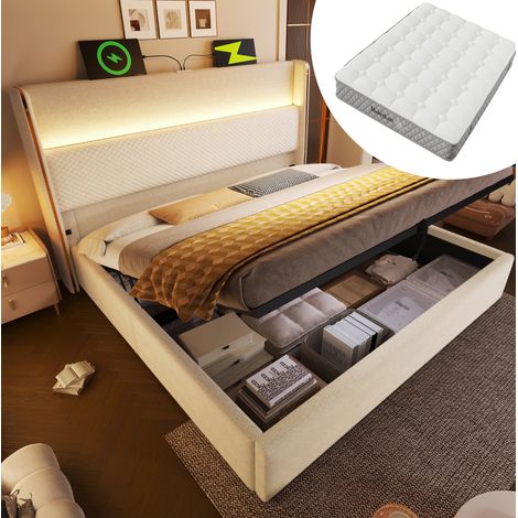 Hydraulisches Bett mit Matratze 160x200 cm, hohem Kopfteil, LED-Beleuchtung, USB und Typ C, Leinen, Beige (1/5)