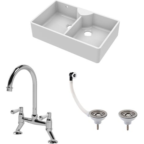 Fireclay 895mm Double Bowl Butler Kitchen Sink Bundle - Stepped Weir, Wastes & Bridge Lever Tap - Ceramic Belfast (1/4)