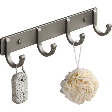 This multifunctional wall-mounted clothes rack can be installed without drilling and comes with four hooks (grey). (1/5)