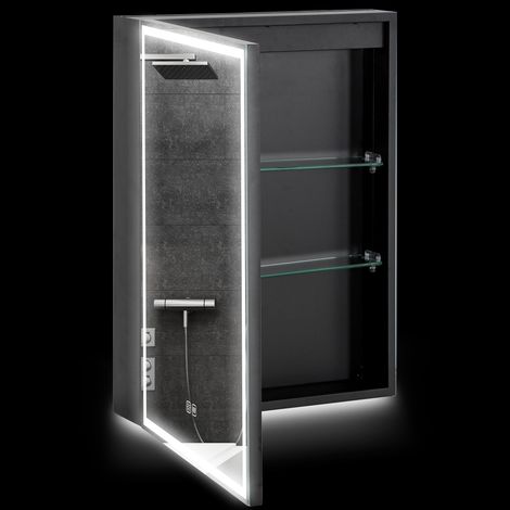 HOMCOM Specchiera Bagno con Armadietto, Luce Regolabile e Antiappannamento Nero