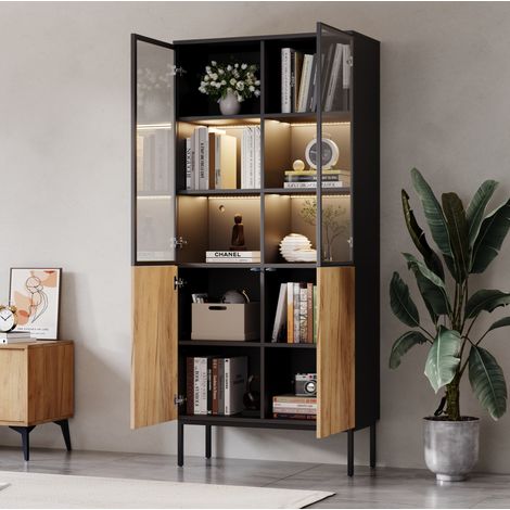 Vitrina 74x31x180 cm negro y roble en aglomerado con LED, puertas de vidrio y estantes regulables (1/5)