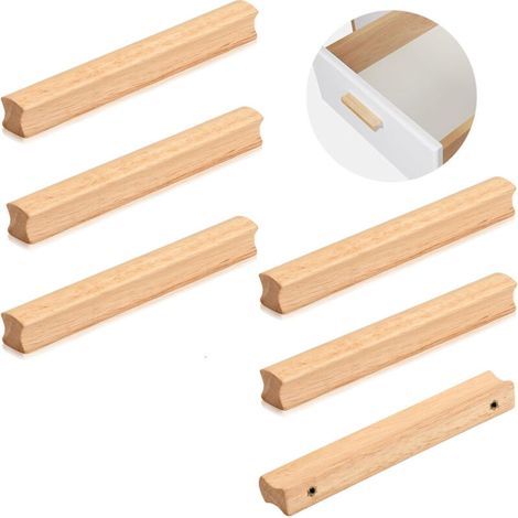 6 Pièces Poignee de Meuble en Bois, Poignée Bois pour Armoire, Espacement des Trous 128 mm de Poignée de Meuble Placards en Bois, Poignées de Cuisine en Bois Universelles pour Les Placards (1/4)