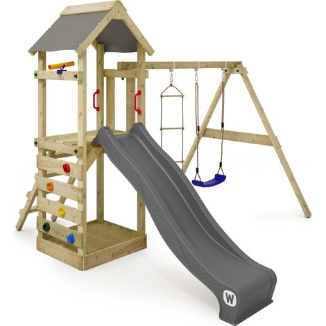 Wickey Spielturm Klettergerüst FreeFlyer mit Schaukel & Rutsche, Kletterturm mit Sandkasten, Leiter & Spiel-Zubehör - grau (1/5)