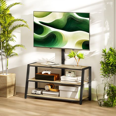 TV-Ständer mit Halterung für Fernseher von 32 bis 70 Zoll, offene Regalfächer, 35° verstellbarer Winkel, 108 x 41 x 135 cm, Holzoptik