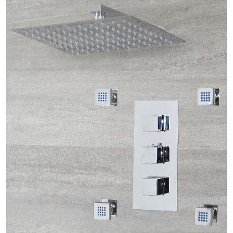 Milano Arvo 2 Outlet Triple Thermostatic Mixer Shower Valve with 300mm Wall Mounted Square Rainfall Shower Head and Four Body Jets - Chrome (1/5)