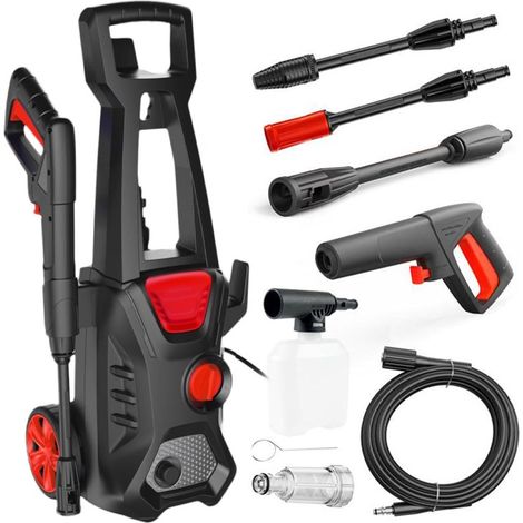 Nettoyeur Haute Pression, 1600 W, Max. 200 Bar, Débit 480 l/h, Tuyau 5 m, Pompe en Aluminium, Buse réglable & rotative, Lance à Mousse, Idéal pour Maison, Jardin, Terrasse, Voiture