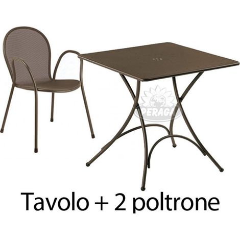 SET TAVOLO 76X76CM + 2 POLTRONE MARRONE