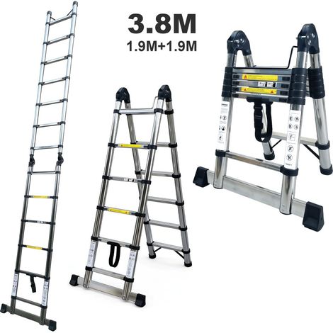 Brstheco Échelle télescopique 2‑en‑1 3,8m Acier inox Charge 150kg (1/5)