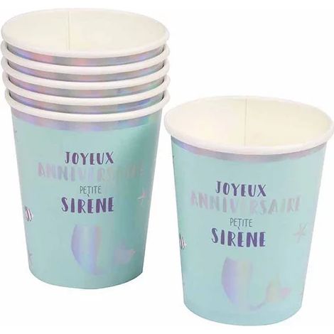 Set de 6 gobelets en carton Anniversaire sirene