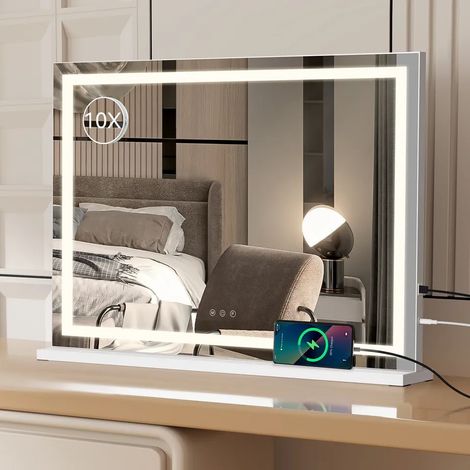 Puluomis – Miroir de maquillage LED 80x56cm – Miroir rectangulaire avec 3 couleurs de lumière – Contrôle tactile – Grossissant 10x – Installation murale ou de bureau – Blanc