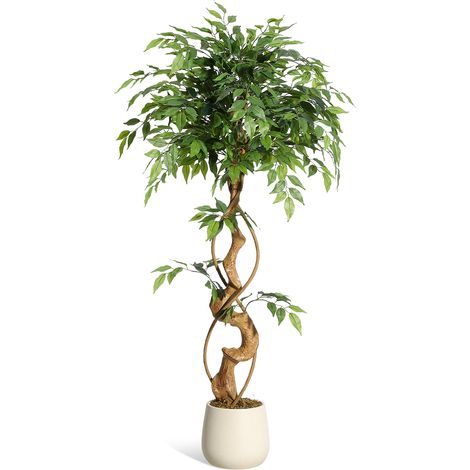 Figuier pleureur artificiel d’intérieur en soie - Troncs courbés, feuillage réaliste, jardinière/pot blanc, sans entretien, déco salon/bureau/entrée - Hauteur 120 cm (4 ft)