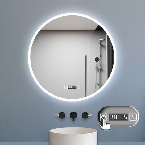 LED Badspiegel mit Beleuchtung Badezimmer Spiegel Rund mit Beschlagfrei 3 Lichtfarbe dimmbar 3000k-6000k Wandspiegel mit Touchschalter 70x70cm Uhr Speicherfunktion (1/5)