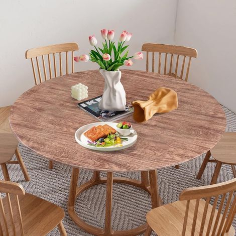 Mantel redondo, lavable con elástico, resistente a la intemperie, ideal para 90 a 110 cm, veta de madera marrón (1/5)