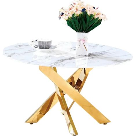 Table basse ronde JESSY pieds Gold et plateau en verre MARBRE BLANC 80 cm (1/3)