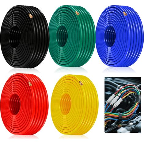 Câble de véhicule 2,5 mm² - 5 m x 5 couleurs Câble en cuivre PVC - Câble d'alimentation pour voiture, Rouge, noir, bleu, vert, jaune, 5 Mètres par anneau (1/5)