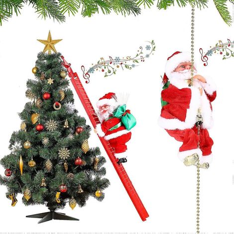 Lot de 2 figurines électriques de Noël : Père Noël grimpant à l'échelle, peluche Père Noël avec musique et décorations LED pour sapin de Noël, décorations pour la maison, la porte ou le mur, idéales p (1/5)