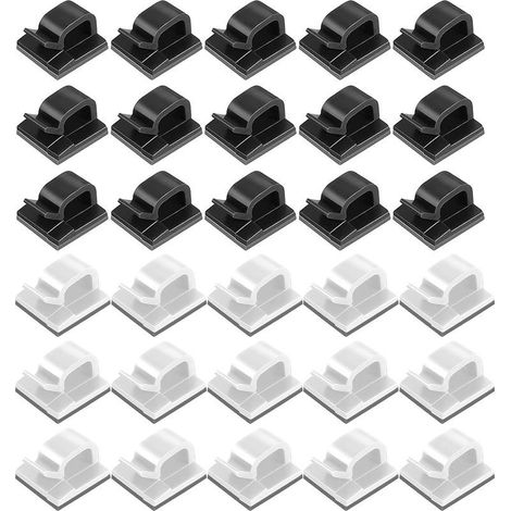 Clips Câbles, Adhésifs Clips Câble, Clips Rangement de Câble, Attache Câble Auto Collant, Gestion de Câble pour Organiseur de Fils Electriques TV, Chargeur, PC, Bureau, Maison, 80 Pièces(Noir+Blanc) (1/5)