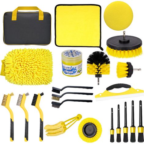 Ensemble de 20 brosses pour perceuse, kit d'outils de nettoyage et de lavage de voiture, ensemble jaune, brosse pour jantes de voiture (1/5)