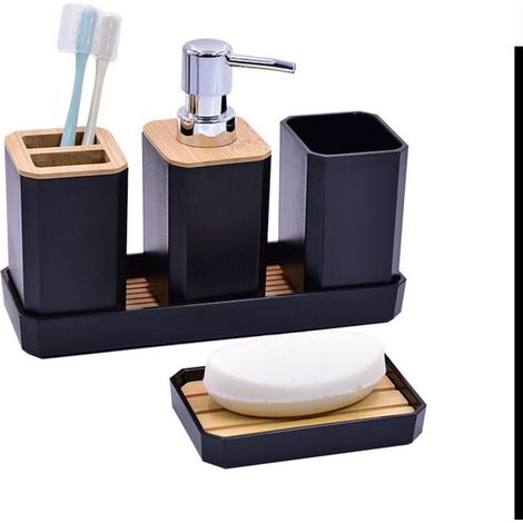 5 Pièces Ensemble d'Accessoires de Salle de Bain Accessoire pour Salle de Bain en Bambou avec Bouteilles de Lotion, Porte-Brosse à Dents, Gobelet à Dents, Porte-Savon, Plateau (Noir) (1/4)