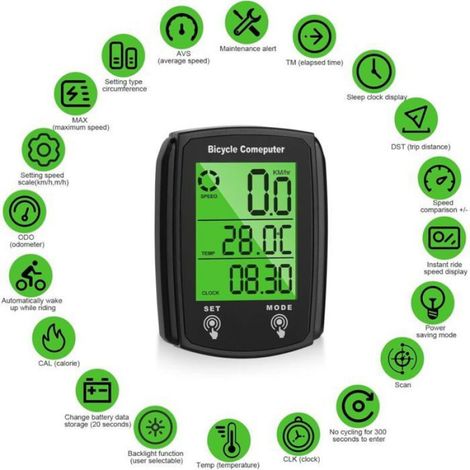 Compteur Vélo - 19 Fonctions - Étanchéité IP65 - Écran LED Rétroéclairé - Contrôle Tactile - Démarrage Arrêt Automatique - Pour VTT et Vélos Urbains - 1 Pièce (1/4)
