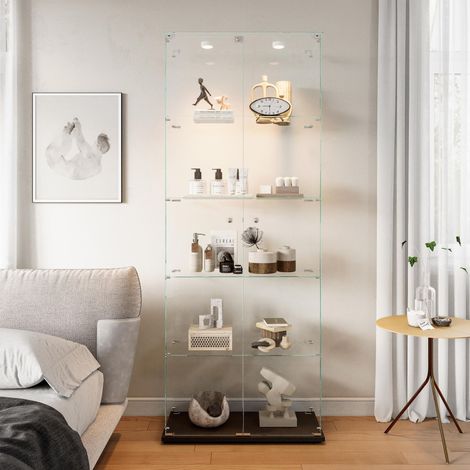 Vetrina in vetro - con illuminazione a LED - vetrina collezione con 4 ripiani - doppia anta con serratura - 77x39x187 cm - Nero