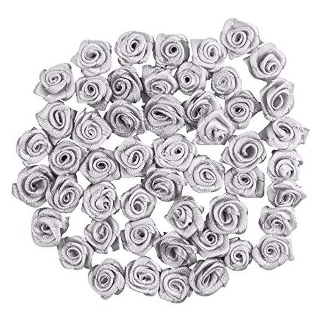 Lot de 50 Roses en Satin, 1,5 cm, Roses décoratives - Mini Roses en Tissu - Petites têtes de Roses pour Le Bricolage, la décoration, Les décorations de Table, Les décorations de Mariage (Gris Argent) (1/5)