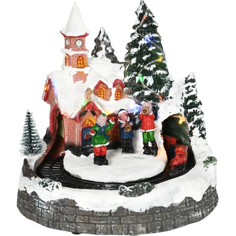 HOMCOM pueblo navideño escena navideña iluminado con luces LED árbol de navidad música y tren móvil decoración nvideña sobre mesa 20x19,5x20 cm (1/5)