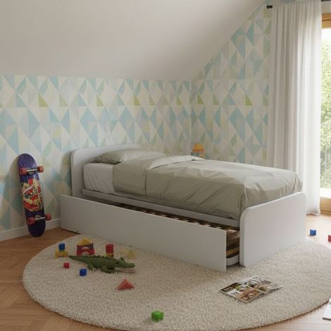 Letto singolo con letto estraibile, trasformabile in matrimoniale. Testate personalizzabili, reti in acciaio e doghe in faggio - Bianco