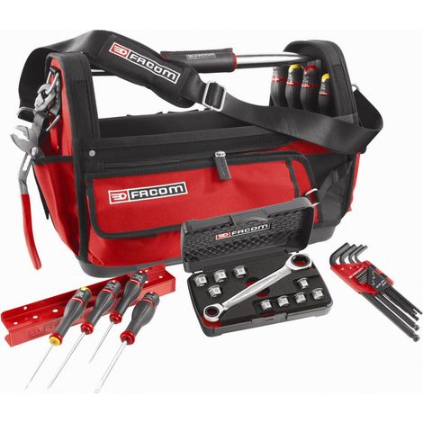 FACOM Probag BS.T20CM1PB gran bolsa de herramientas textil impermeable negro/rojo con 28 herramientas métricas