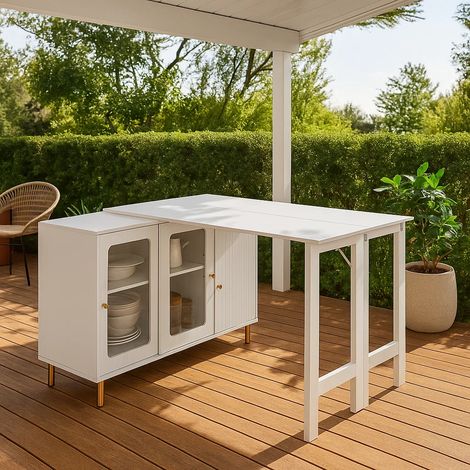 URBAN MEUBLE Table de bar de jardin avec rangement, plateau rabattable/rotatif, portes coulissantes en verre et motif vagues (1/5)
