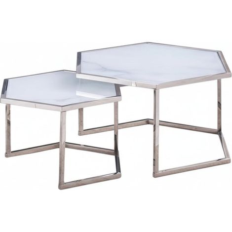 Lot 2 Tables Basses Gigognes HEXAGONA Métal Chrome Plateau Verre Trempé Blanc 60x52x42 / 50x45x38cm (1/5)