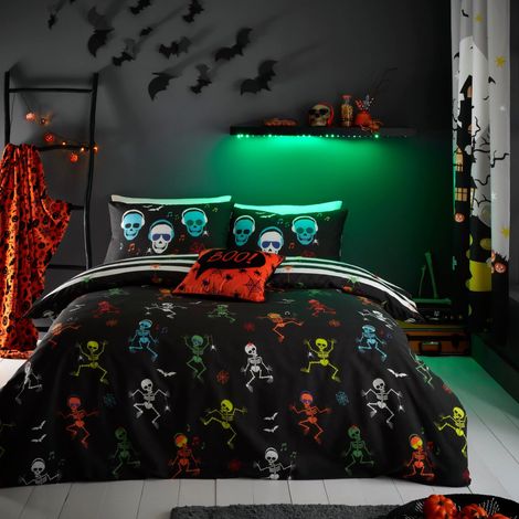 Housse de Couette Halloween Squelette Taille Lit Double (200 x 200cm) Réversible Designs Housse de Couette Lumineuse Squelettes Dansants (1/5)