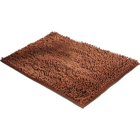 Tapis de sol chenille à poils longs, antidérapant et à ventouses, marron, idéal pour salle de bain, entrée ou salon. (1/5)