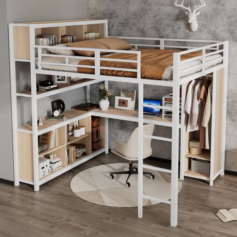 Letto rialzato bambini 140x200 cm con scrivania, vano portaoggetti, armadio e rete a doghe, in metallo bianco e naturale, materasso non incluso (1/5)