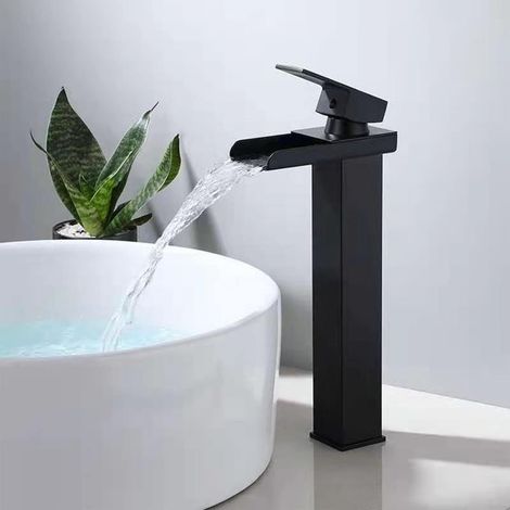 Grifo de baño tipo cascada negro mate, grifo mezclador de lavabo tipo cascada alto, grifo de lavabo con caño alto, grifo de lavabo cuadrado de latón para encimera, agua fría y caliente disponible, G 3 (1/4)
