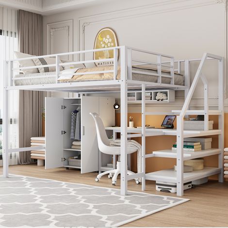 DESVIAE Lit mezzanine enfant 140 x 200 cm avec armoire étagères escalier de rangement et bureau métal blanc (1/5)