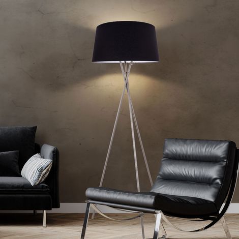 Stehlampe Stehleuchte Wohnzimmerlampe Standleuchte Schlafzimmer, 3 Beine, Metall Stoffschirm Nickel matt schwarz, 1x E27 Fassung, DxH 62x154cm