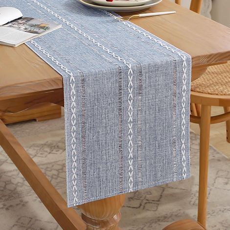 Blau-grauer Tischläufer, 33 x 140 cm, moderner, waschbarer Tischläufer im Boho-Stil aus Baumwoll-Leinen, rustikal, ideal für Taufen, Partys, Tischdekorationen, Esszimmer und Feiertage