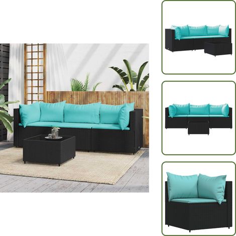 The Living Store Salon de jardin 4 pcs avec coussins Noir Résine tressée - Canapé d'angle (1/5)