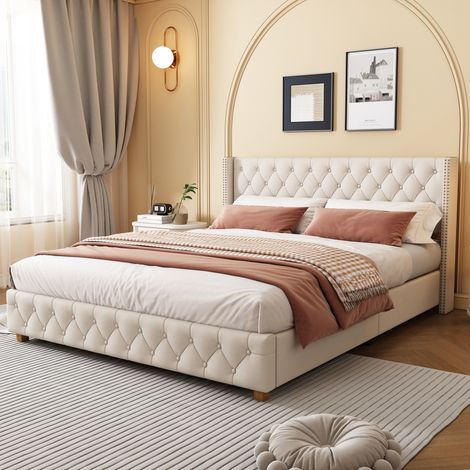 Polsterbett 180x200 cm Leinen Beige mit Lattenrost, ohne Matratze – MEUBLIV (1/5)