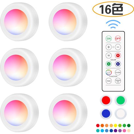 Spot LED Sans Fil Autocollant - Dimmable RGB Lampe Placard a Pile avec Telecommande Eclairage Batterie Armoire Lumiere Cuisine Sous Meuble LED Vitrine Veilleuse Réglable pour Chambre Escalier Miroir, (1/5)