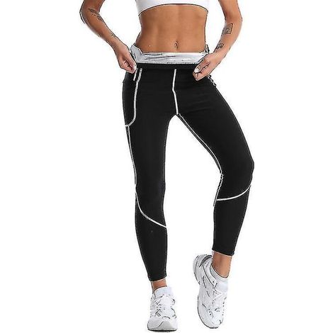 Combinaison de sudation amincissante pour femme, haut brûleur de graisse, legging thermo-gainant, veste sculptante - Pantalon noir et argent (1/5)