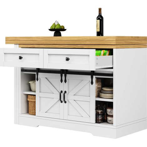 Îlot de cuisine avec table à manger 2 en 1, rotative 360 degrés, porte coulissante, blanc (1/5)